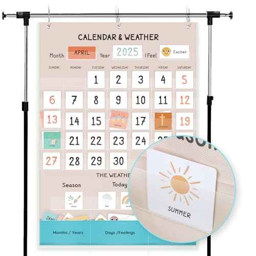Calendar and Weather Pocket Chart for Classroom, 35¨ö" x 25¨ö" Large Boho Calendar for Kids, Toddler Learning Activities Chart, Homeschool and Teacher Essentials 114 Cards