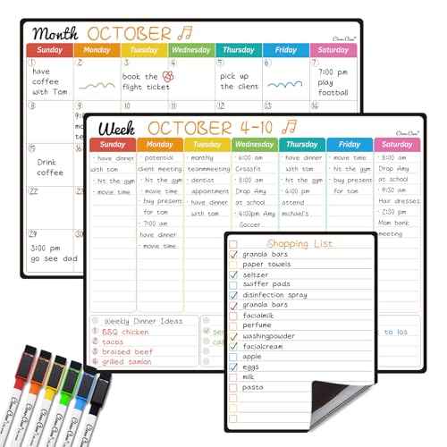 Magnetic Dry Erase Monthly Calendar Set - 14.5"x11" Monthly and Weekly Calendar, 6.5"x8.5" List Board for Fridge - 6 Extra Fine Point Markers Included - Shipped Flat