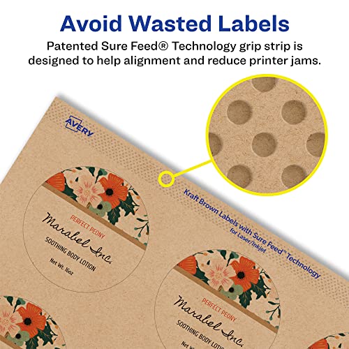 Avery Kraft Brown Round Labels with Sure Feed, 2" diameter, 600 Kraft Brown Labels, Print-to-The-Edge, Laser/Inkjet Printable Labels