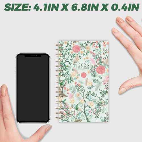 2026 Pocket Calendar - 2026 Pocket Planner for Purse, Jan. 2026 - Dec. 2026 Planner Weekly and Monthly, 4.1'' ¡¿ 6.8'', 12 Months Tabs, Strong Twin-wire Binding, Floral Cover