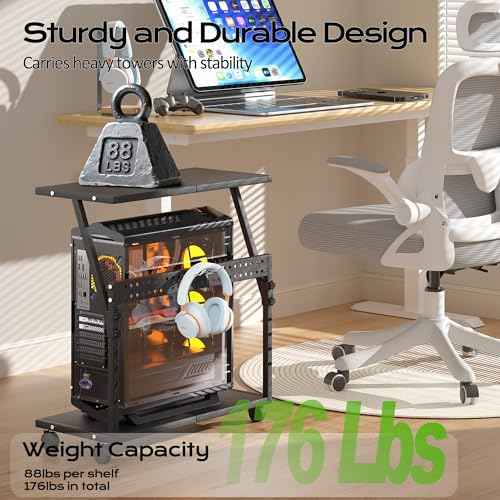 24In Large PC Stand, 5 Levels Height Adjustable Computer Tower Stand with Wheels and Hooks, CPU Holder Cart for Floor, Carpet and Under Desk, Easy Assembly£¨NOT Including Power Strips£©