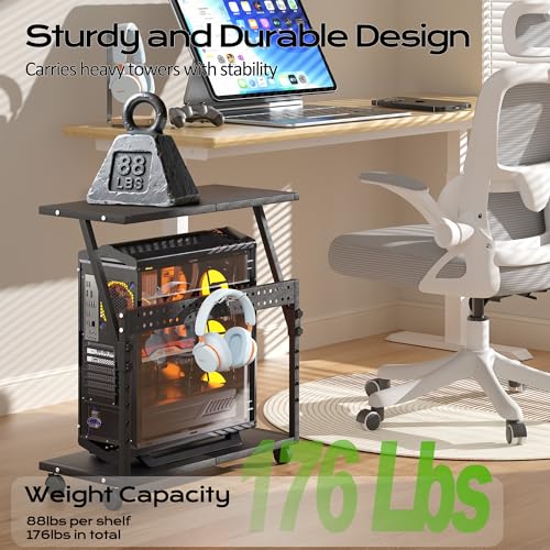 Tyfnry 24In Large PC Stand Black, 5-Level Height Adjustable CPU Holder Cart with Wheels & Hooks