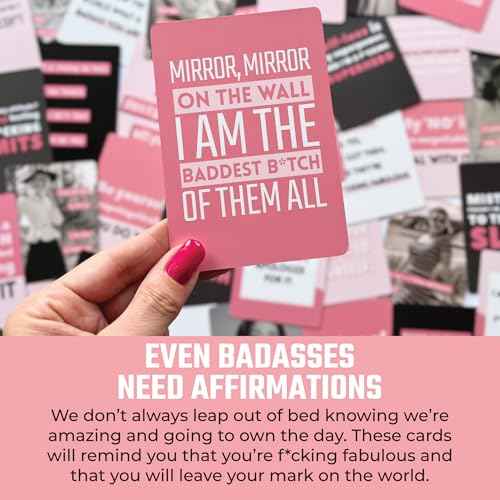 Badass Affirmation Card for Women - 50 Funny, Sweary Affirmation Cards in Tin Box with Wooden Stand - Motivational & Inspirational Gifts - Unique Birthday Gifts for Women, Best Friend, Sister