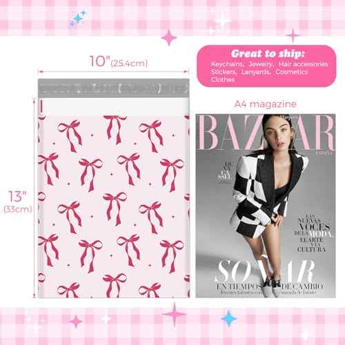 Fuxury Poly Mailers 10x13 Inch 50Pcs Shipping Bags for Clothing Strong Adhesive Shipping Envelopes for Small Business Self Seal Pink Bows Poly Bag Mailing Envelopes
