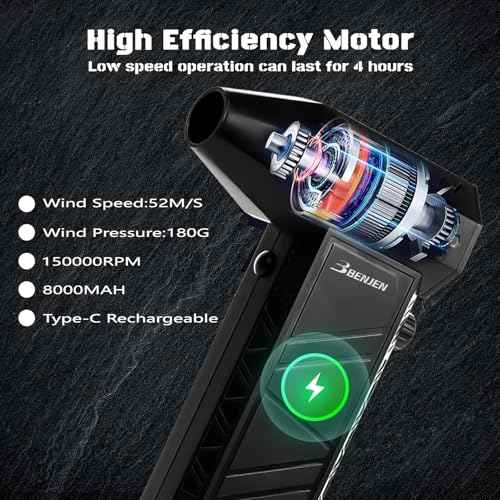 BENJEN Compressed Air Duster-150000RPM Electric Air Duster for Cleaning Keyboard & PC Infinitely Adjustable Speed Cordless Turbo Fan Turbo Dryer Blower for Car, Air Bed, Outdoors, Home.
