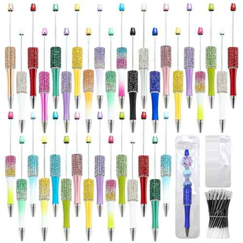 75 Pcs DIY Diamond Beadable Pen Kit - 25 Plastic Rhinestone Beaded Pens Bulk with Refills & Bags - Fancy Cute Glitter Pens for Crafting, Students & Teachers ? School Supplies, Office Item