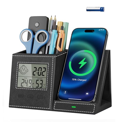 TopMade Wireless Charger with Pen Holder, Leather Desk Nightstand Organizer Home Office Supplies Pencil Holder Fast Charging Station, Digital Thermometer and Humidity Gauge Gifts for Men(Black)