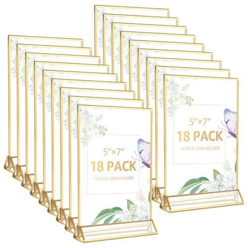 18 Pack Acrylic Sign Holder, 5x7 Inch Double-Side Gold Picture Frames Stands for Display, Vertical Table Top Sign Holders for Wedding, Party, Offices, Table Numbers, Home