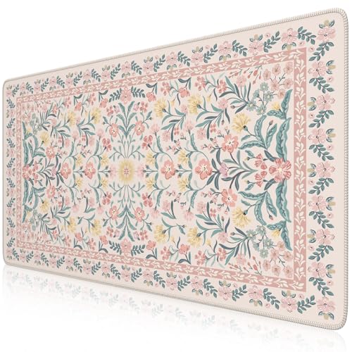 iCasso Pink Floral Desk Mat, Desk Pad, XXL Large Mouse Pad, Anti-Slip Big Mousepad with Stitched Edges, Computer Mouse Pads for Desktop for Women(Pink)