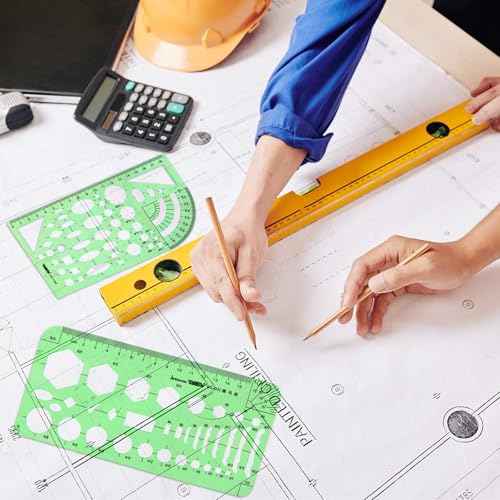 15PCS Geometric Drawings Templates,Transparent Green Plastic Ruler, Drafting Stencils Measuring Tools, Measuring Geometry Rulers for Office, Studying