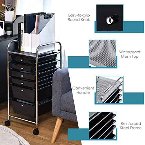 FANTASK 6-Drawer Rolling Storage Cart, Multipurpose Mobile Utility Storage Organizer for Home Office School (Black)