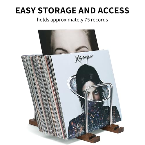 Solid Walnut Wood Record Holder - 3-Tier Organizer for 75 LPs with Now Playing Album Stand, Vinyl Storage Display for Living Room Decor