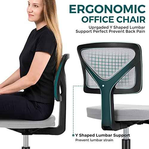 DUMOS Armless Desk Chairs, Cute Home Office Chair No Arms with Wheels, Ergonomic Adjustable Swivel Rolling Task Chair, Comfy Mesh Mid Back Computer Work Vanity Chair for Small Spaces, Light Grey
