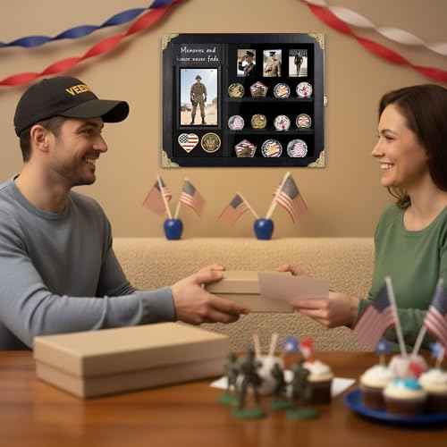 Challenge Coin Display Case with Light, Removable Shelves and Picture Frame for Honor Military Coin Holder Wall Mount, Memorial Gift for Men Veterans Collectors (Black)