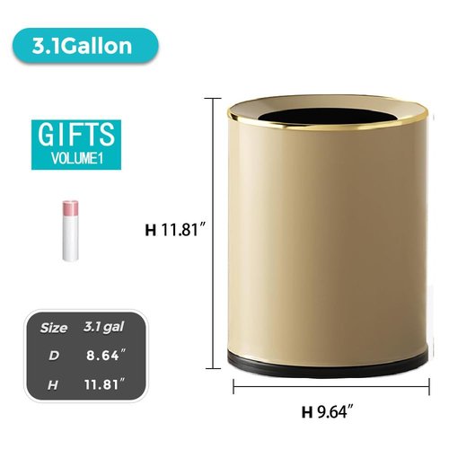 YOJIA 3.17 Gallon Round Open Top Metal Trash can, Modern Large Waste Baskets, Elegant, Gold Garbage Can, for Bathroom, Bedroom, Office, Hotel, Cafe, Business(Beige, 12L)