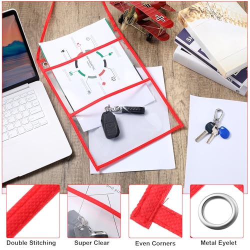 Epakh 30 Pack Shop Ticket Holders 9 x 12 Inch Work Order Plastic Sleeves Job Ticket Holders Dry Erase Repair Order Sleeves with Hanging Strap, Both Sides Clear(Red)