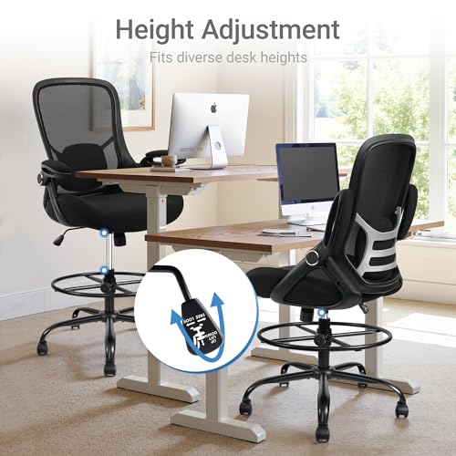 HYLONE 400lbs Big & Tall Drafting Chair Black – 5" Thick Seat, 44-52" Height, Flip-Up Armrests, Lumbar Support, Adjustable Footrest, 28" Base