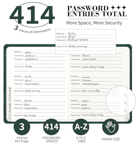 ALKALO Green Small Password Book with Alphabetical Tabs - Pocket Size 4.5x5.9 Inch