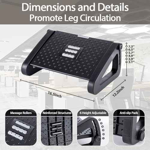 Foot Rest, Six Heights Adjustable Foot Rest for Under Desk at Work, Ergonomic Foots Stool for Under Office Desks, Under Desk Footrest with Foot Massage Roller, Chair Footrest for Leg Rests