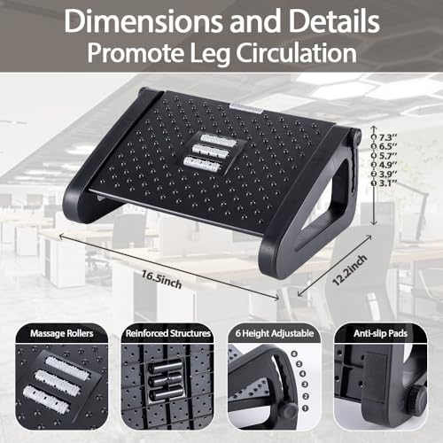CasaZenith Black Adjustable Foot Rest Under Desk with 6 Heights for Ergonomic Support