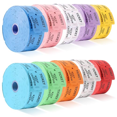 10,000 Raffle Tickets 10 Rolls of 1000 Tickets Each Raffle Tickets Double Roll 50/50 Raffle Tickets for Events Party Entry Carnivals Classroom Rewards (10 Color 10,000)