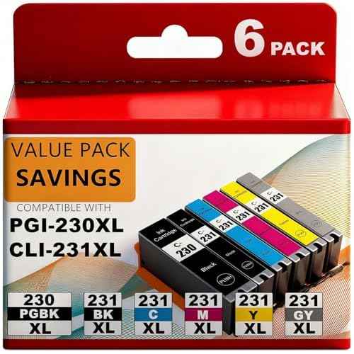 PGI-230XL CLI-231XL Ink Cartridge High Yield 6 Combo Pack Compatible with Canon 230 231 Ink Cartridges to use for PIXMA TS8820 Inkjet Printer (PGBK/BK/C/M/Y/GY)