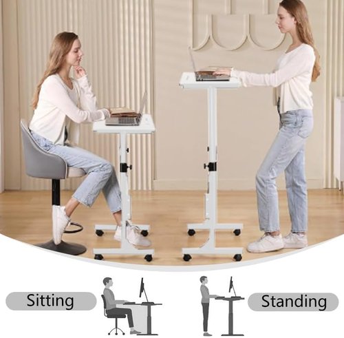 Skiennix Adjustable Height Rolling Standing Desk - Lockable Wheels, Compact Design for Home Office | 15.75" x 31.5" - White