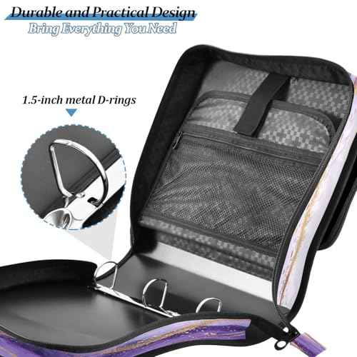 Purple Marble Waterproof Zipper Binder with Shoulder Strap, 3-Ring Trapper Keeper with Lay-Flat Design and Multiple Compartments for School & Office, Adults & Kids