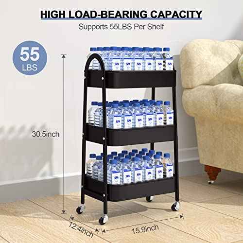 EAGMAK 3 Tier Utility Rolling Cart, Metal Storage Cart with Handle and Lockable Wheels, Multifunctional Storage Organizer Trolley with Mesh Baskets for Kitchen, Living Room, Office, Garage (Black)