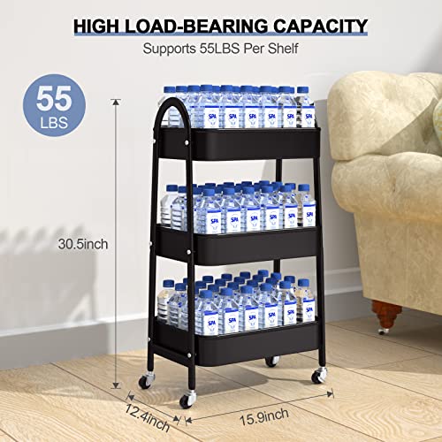 EAGMAK Black 3-Tier Utility Rolling Cart with Lockable Wheels & Mesh Baskets