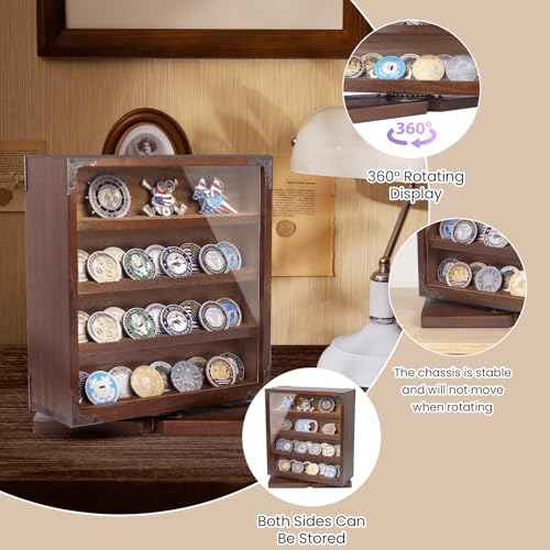 Rotating Challenge Coin Display Cabinet, Double-Sided Storage Display, Military Coin Holder Display£¬4 Layers & 2 Grooves£¬ The Ideal Gift for Challenge Coin Collectors