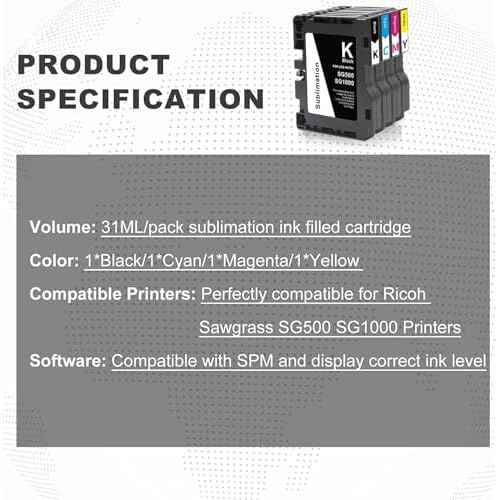 SG500 SG1000 Sublimation Ink Cartridge Latest Upgraded Chip Compatible for Sawgrass Virtuoso SG500 SG1000 Printer (1 Black, 1 Cyan, 1 Magenta, 1 Yellow, 4-Pack SG500 Ink)