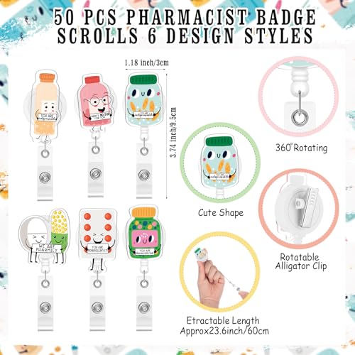 50 Sets Pharmacy Technician Accessories Gift Pharmacy Badge Reel Pill Shaped Pens Inspirational Appreciation Card Pharma Funny Gifts for Nurse Practitioner Week Medical Assistant Doctor