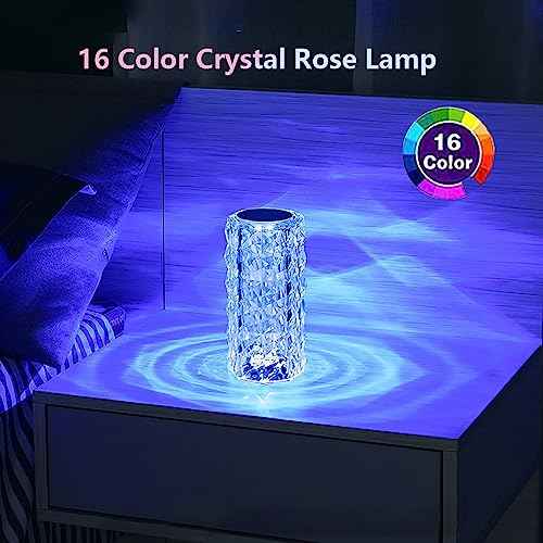 Portable Crystal Table Lamp, 16-Color Touch Control Rechargeable Night Light, Bedside Desk Lamp for Bedroom, Living Room, Kitchen & Dining Room (16-Color Rose)