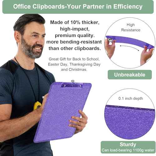 1 Pcs Clear Glitter Clipboards, Plastic Clipboard with Pen Holder,Size 8.85 x 12.4 in Shiny Clipboards with Low Profile Clip,Cute Hanging Clipboard for Office School Supplies Sparkly Clip board-Purple