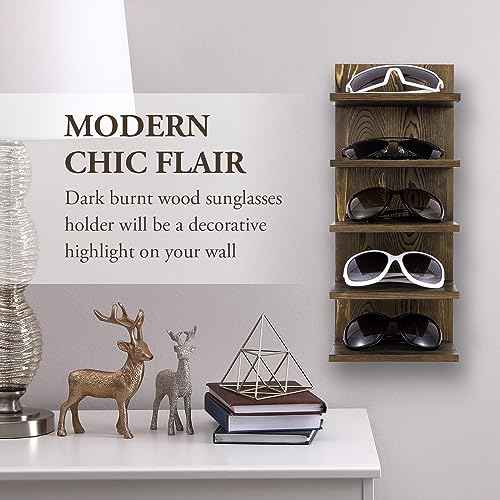 MyGift 5 Tier Rustic Burnt Solid Wood Sunglasses Holder Rack, Wall Mounted Eye Glasses Shelf or Tabletop Display Stand, Retail Eyewear Showcase Storage Organizer