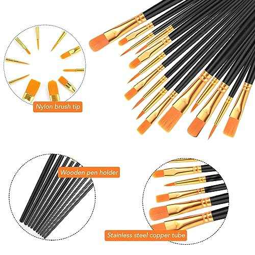 Acrylic Paint Brush Set, (20 Packs /200 pcs) Nylon Hair Brushes for Oil and Watercolor, Perfect Suit of Art Painting, Best Present for Painting, Black