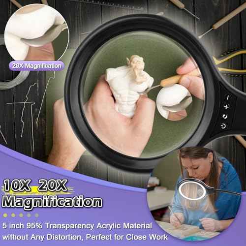 10X 20X Desk Magnifying Glass with Light and Stand, Large Magnifying Lamp with 3 Color Modes Lighted Magnifying Light for Crafts Hands Free, Upgrated Head Button Reading Magnifier for Books Sewing