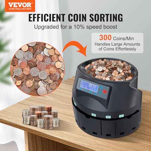VEVOR USD Coin Counter & Coin Sorters with LCD Display, Coin Sorter Machine for USD Coin 1¡Ë 5¡Ë 10¡Ë 25¡Ë $1, Sorts up to 300 Coins/min, Change Counter Holds 2000 Coins Included 5 Coin Bins & 5 Tubes
