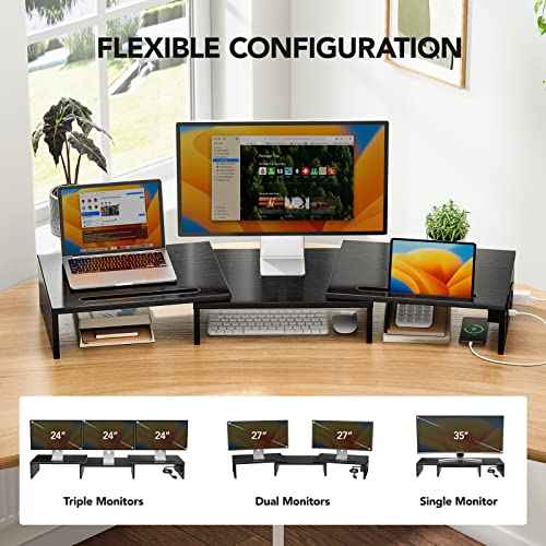 HUANUO Dual Monitor Stand -Monitor Stand with USB ports ,Adjustable Length and Angle, Dual monitor riser w/ Desktop Socket, Monitor Stand Riser for PC, Computer, Laptop (Black)
