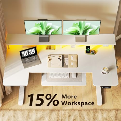 OffiGo 55 Inch U Shaped Electric Standing Desk with Keyboard Tray - White