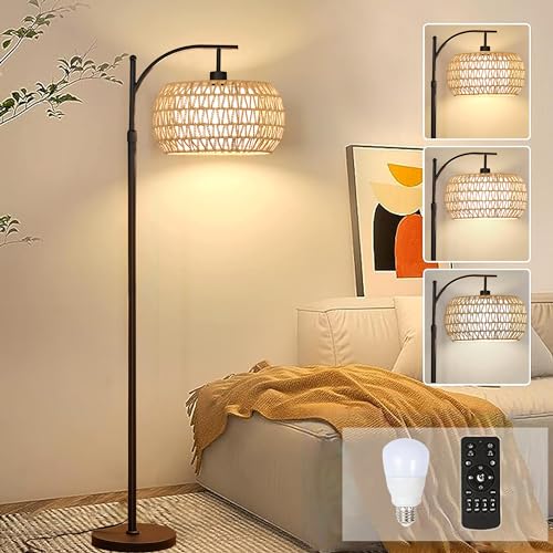 ZECOXOL Yellow Rattan Boho Floor Lamp with Remote & Dimmable LED, 12 Inch Shade
