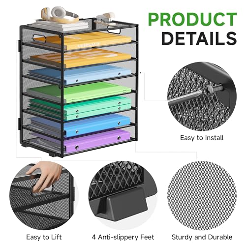 8 Tier Paper Organizer with Handle, Metal Mesh Desk File Organizer, Large Capacity Desk Organizers Paper Letter Tray Desktop Document Sorter for Office, Home or School - Black