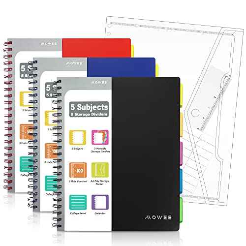 5 Subject Notebook, 3 Pack College Ruled Notebook with Storage Divider Pockets, Index Tabs, 11" Ruler, 200 Pages, for School, Business, Office Supplies, 8.1''x11.7''£¨Black Red Blue