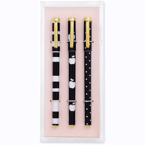 Kate Spade New York Fine Tip Pen Set of 3, Black Ink Pens with Acrylic Desk Organizer Tray, Dots and Stripes