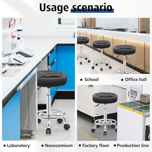 Brick Attic Black Rolling Stool with Wheels - PU Leather, Height Adjustable 19.9-25.8 in, 360° Swivel | Spa/Salon Office Chair
