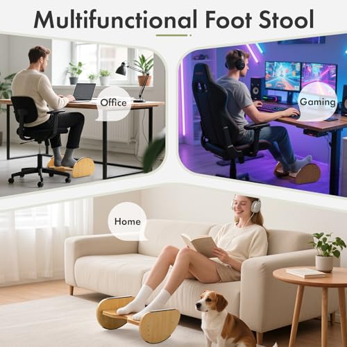 Amazer Bamboo 2-in-1 Under Desk Foot Rest (Natural, 1-Tier) — Reversible Rocking/Static Foot Stool