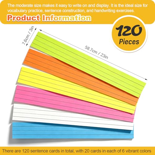 6-Color Pack of 120 Lightweight 3x23 Inch Sentence Strips for Classroom Learning