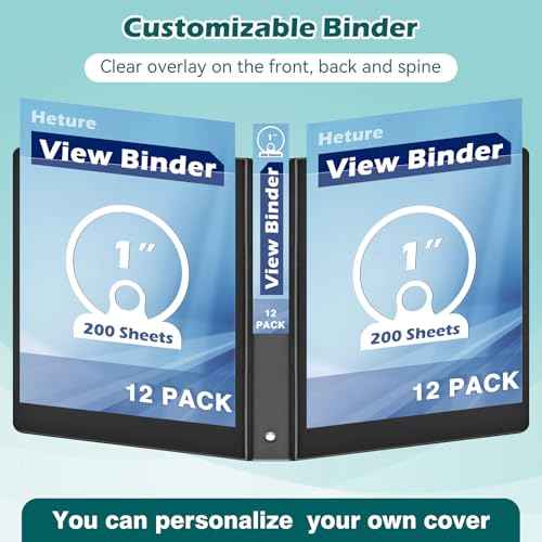 3 Ring Binder 1 Inch 12 Pack, 1" Clear View Round-Ring-Binder, PVC-Free,Holds for 200 Sheets 8.5" x 11" US Letter Size Paper, Durable Black Binders Perfect for Office,School and Home