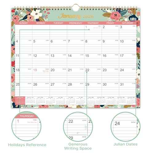 2026 Calendar - 2026 Wall Calendar, Jan 2026 - Dec 2026, 2026 Wall Calendar 12 Month, 15" x 11.5", Twin-Wire Binding, Julian Dates, Large Block, Notes, To-do List, Thick Paper, Perfect for Organizing - Floral